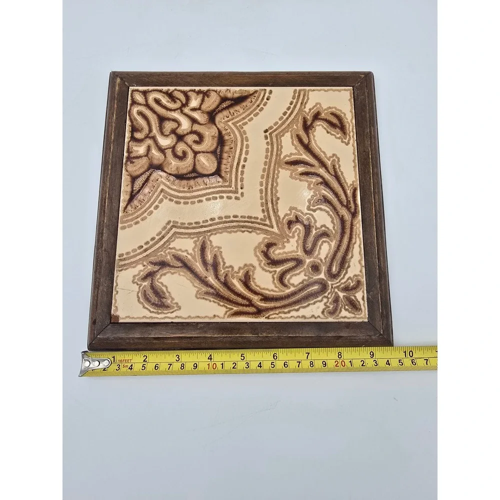 Vintage Framed Ceramic‎ Tile Made in Italy Brown Floral Scroll 9.25in